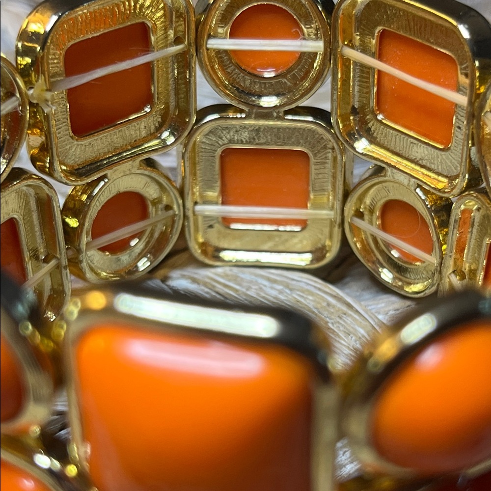 Orange and Gold Tone Geometric Stretch Bracelet - Picture 3 of 5